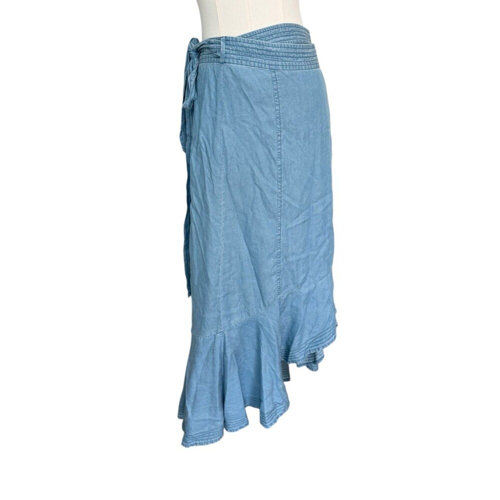Intermix Blue Lyocell Wrap Midi Skirt Asymmetrical Ruffle Hem Tie Waist Size S